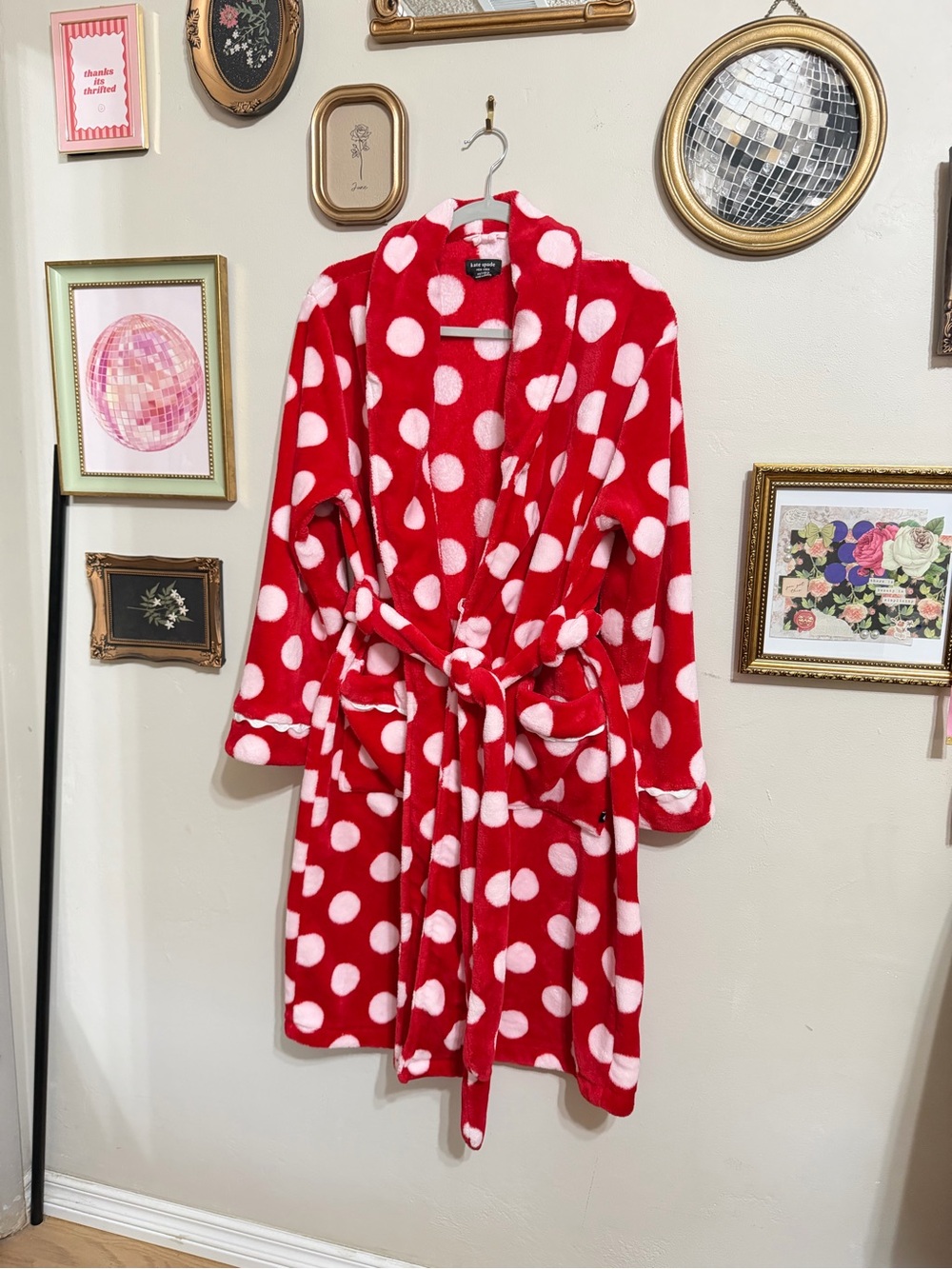 kate spade Red and White Polka Dot Kids Plush Robe with Tie Waist